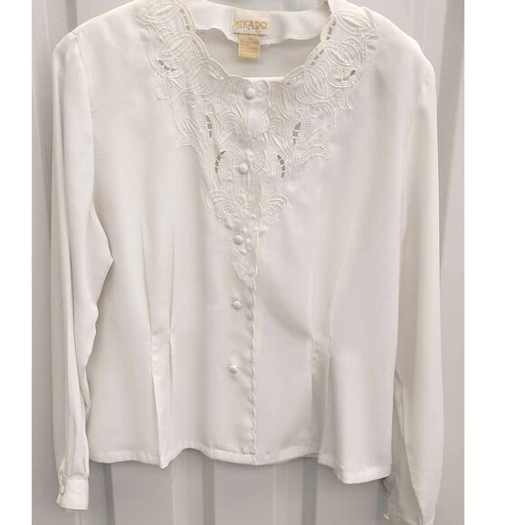 Vintage Mikado Blouse Cutouts Button Front White Cottage Fairy - Picture 1 of 6